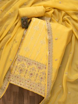 Koskii - Lemon Yellow Sequins Silk Unstitched Salwar Suit (Set of 3) (Set of Three)