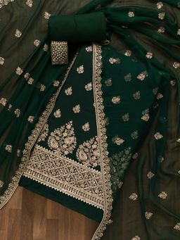 Koskii - Bottle Green Zari work Chiffon Unstitched Salwar Suit (Set of 3) (Set of Three)