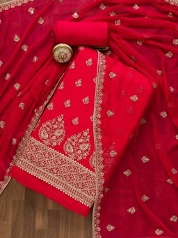 Koskii - Rani Pink Zari work Chiffon Unstitched Salwar Suit (Set of 3) (Set of Three)
