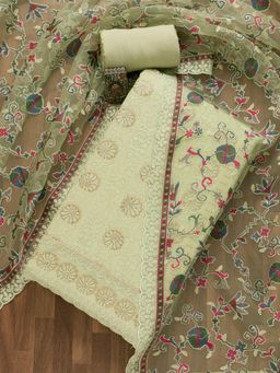 Koskii - Pista Green Threadwork Georgette Unstitched Salwar Suit (Set of 3) (Set of Three)