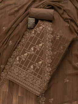 Koskii - Brown Sequins Georgette Unstitched Salwar Suit (Set of 3) (Set of Three)