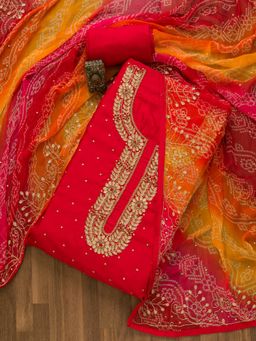 Koskii - Red Cutdana Semi Crepe Unstitched Salwar Suit (Set of 3) (Set of Three)