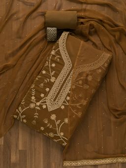 Koskii - Brown Stonework Semi Crepe Unstitched Salwar Suit (Set of 3) (Set of Three)