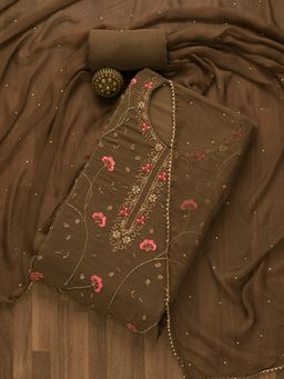 Koskii - Brown Stonework Semi Crepe Unstitched Salwar Suit (Set of 3) (Set of Three)