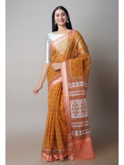Unnati Silks - Mustard Pure Patola Printed Kota Cotton Saree with Unstitched Blouse