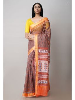Unnati Silks - Dark Grey Pure Patola Printed Kota Cotton Saree with Unstitched Blouse