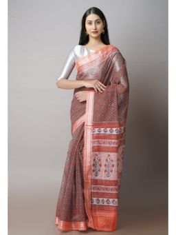 Unnati Silks - Dark Grey Pure Patola Printed Kota Cotton Saree with Unstitched Blouse