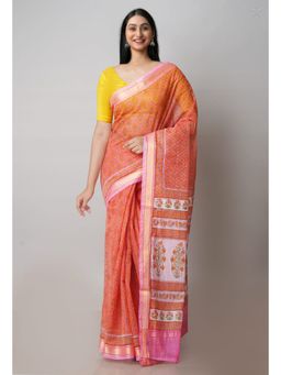Unnati Silks - Orange Pure Patola Printed Kota Cotton Saree with Unstitched Blouse