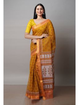 Unnati Silks - Mustard Pure Patola Printed Kota Cotton Saree with Unstitched Blouse
