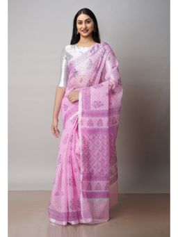Unnati Silks - Pink Pure Block Printed Kota Cotton Saree with Unstitched Blouse