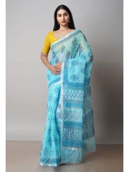 Unnati Silks - Blue Pure Block Printed Kota Cotton Saree with Unstitched Blouse