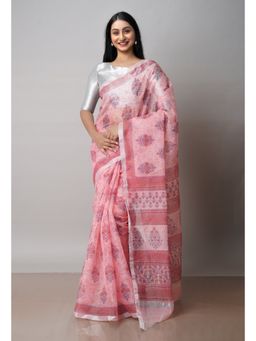 Unnati Silks - Pink Pure Block Printed Kota Cotton Saree with Unstitched Blouse