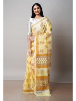 Unnati Silks - Yellow Pure Block Printed Kota Cotton Saree with Unstitched Blouse