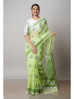 Unnati Silks - Green Pure Block Printed Kota Cotton Saree with Unstitched Blouse