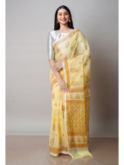 Unnati Silks - Light Yellow Pure Block Printed Kota Cotton Saree with Unstitched Blouse