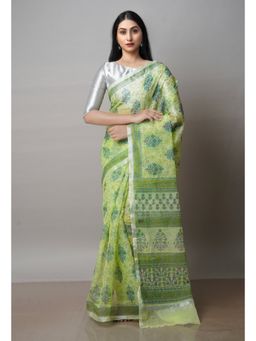 Unnati Silks - Green Pure Block Printed Kota Cotton Saree with Unstitched Blouse