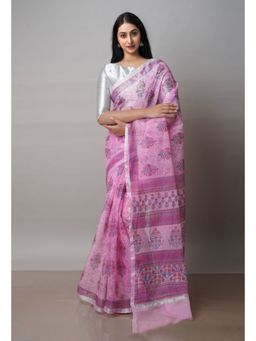 Unnati Silks - Pink Pure Block Printed Kota Cotton Saree with Unstitched Blouse