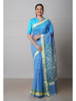 Unnati Silks - Blue Pure Block Printed Kota Cotton Saree with Unstitched Blouse