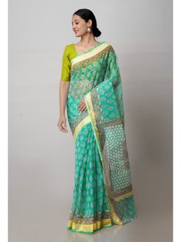 Unnati Silks - Green Pure Block Printed Kota Cotton Saree with Unstitched Blouse
