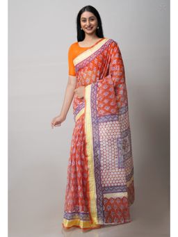 Unnati Silks - Rust Pure Block Printed Kota Cotton Saree with Unstitched Blouse