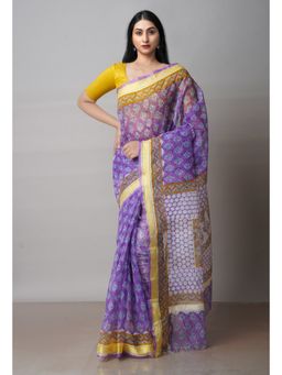 Unnati Silks - Purple Pure Block Printed Kota Cotton Saree with Unstitched Blouse