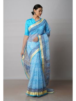 Unnati Silks - Blue Pure Printed Kota Cotton Saree with Unstitched Blouse