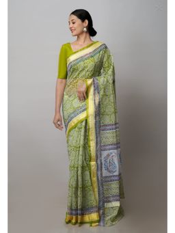 Unnati Silks - Green Pure Block Printed Kota Cotton Saree with Unstitched Blouse