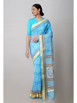 Unnati Silks - Blue Pure Block Printed Kota Cotton Saree with Unstitched Blouse