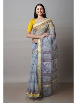 Unnati Silks - Grey Pure Block Printed Kota Cotton Saree with Unstitched Blouse