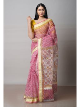 Unnati Silks - Red Pure Block Printed Kota Cotton Saree with Unstitched Blouse