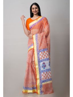 Unnati Silks - Rust Pure Block Printed Kota Cotton Saree with Unstitched Blouse