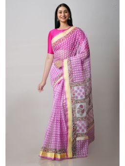 Unnati Silks - Pink Pure Block Printed Kota Cotton Saree with Unstitched Blouse