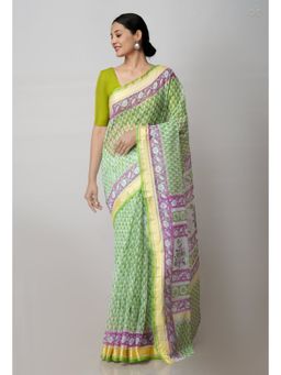 Unnati Silks - Green Pure Block Printed Kota Cotton Saree with Unstitched Blouse