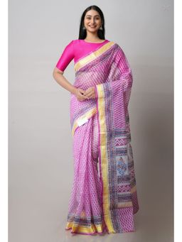 Unnati Silks - Pink Pure Block Printed Kota Cotton Saree with Unstitched Blouse