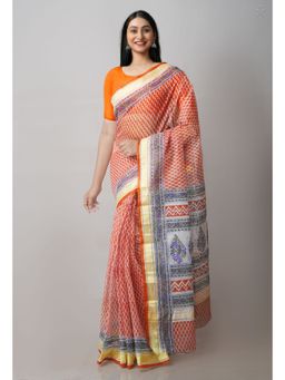 Unnati Silks - Orange Pure Block Printed Kota Cotton Saree with Unstitched Blouse