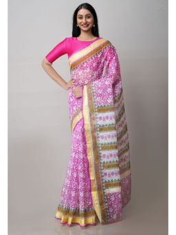 Unnati Silks - Pink Pure Block Printed Kota Cotton Saree with Unstitched Blouse