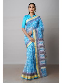Unnati Silks - Blue Pure Block Printed Kota Cotton Saree with Unstitched Blouse
