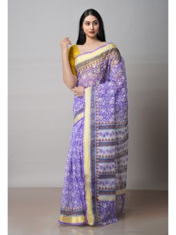 Unnati Silks - Purple Pure Block Printed Kota Cotton Saree with Unstitched Blouse
