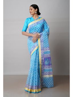 Unnati Silks - Blue Pure Block Printed Kota Cotton Saree with Unstitched Blouse