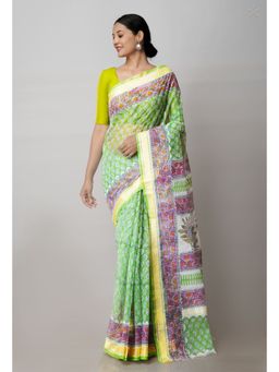 Unnati Silks - Green Pure Block Printed Kota Cotton Saree with Unstitched Blouse