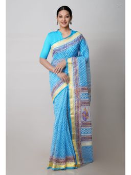 Unnati Silks - Blue Pure Block Printed Kota Cotton Saree with Unstitched Blouse