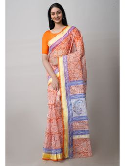 Unnati Silks - Rust Pure Block Printed Kota Cotton Saree with Unstitched Blouse