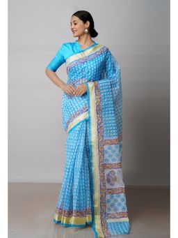 Unnati Silks - Blue Pure Block Printed Kota Cotton Saree with Unstitched Blouse