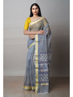 Unnati Silks - Grey Pure Block Printed Kota Cotton Saree with Unstitched Blouse