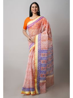 Unnati Silks - Orange Pure Block Printed Kota Cotton Saree with Unstitched Blouse