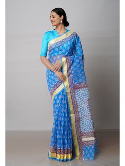 Unnati Silks - Blue Pure Block Printed Kota Cotton Saree with Unstitched Blouse