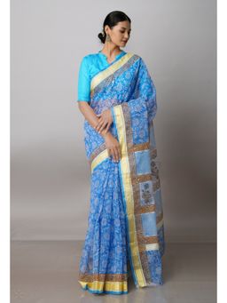 Unnati Silks - Blue Pure Block Printed Kota Cotton Saree with Unstitched Blouse