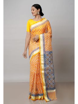 Unnati Silks - Orange Pure Block Printed Kota Cotton Saree with Unstitched Blouse