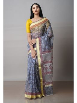 Unnati Silks - Grey Pure Block Printed Kota Cotton Saree with Unstitched Blouse