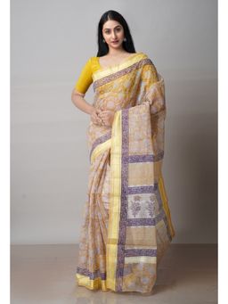 Unnati Silks - Mustard Pure Block Printed Kota Cotton Saree with Unstitched Blouse